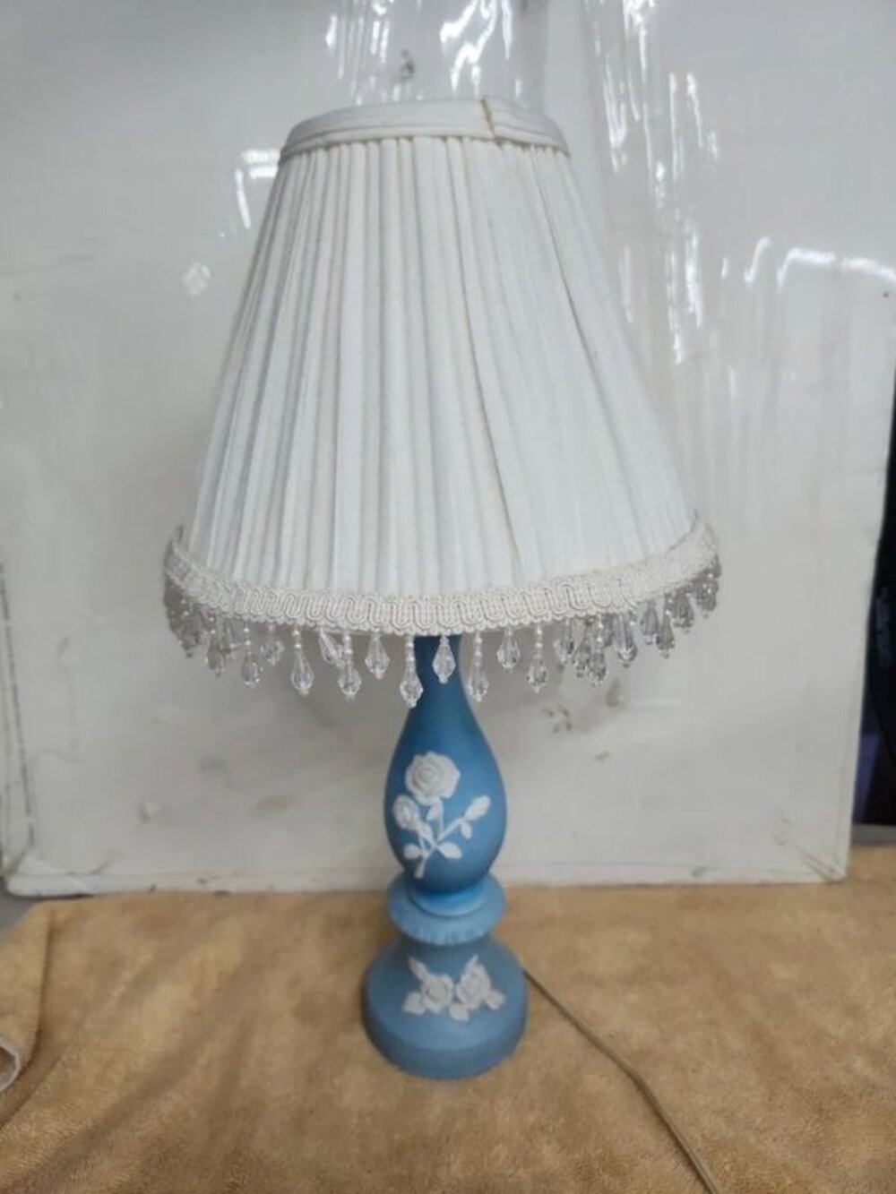 Vintage blue with white roses Victorian ceramic boudoir lamp